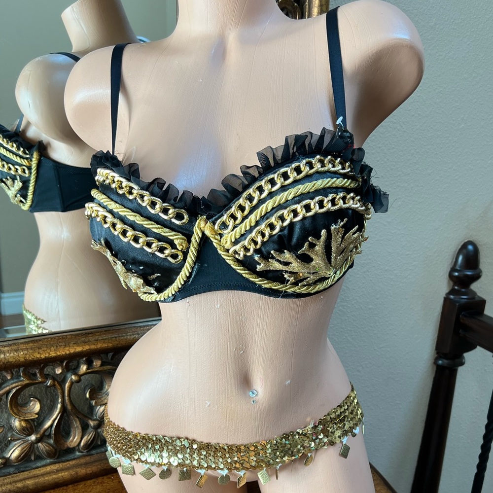 Sexy gold & black handmade sequined rave bra top Halloween costume & belt